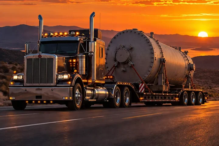 The Route on Permit opening artwork: a heavy-haul truck carrying a large vessel beneath an orange sunset
