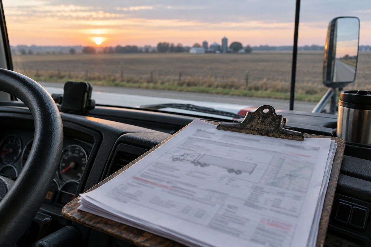 Permit pages on a clipboard on a truck dashboard in morning light